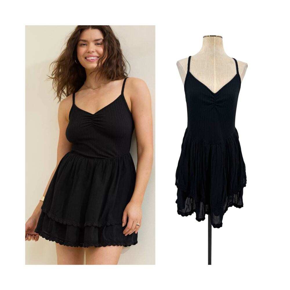 Aerie At The Barre Mini Dress Tiered Lace Ruched V Neck True Black Size XL